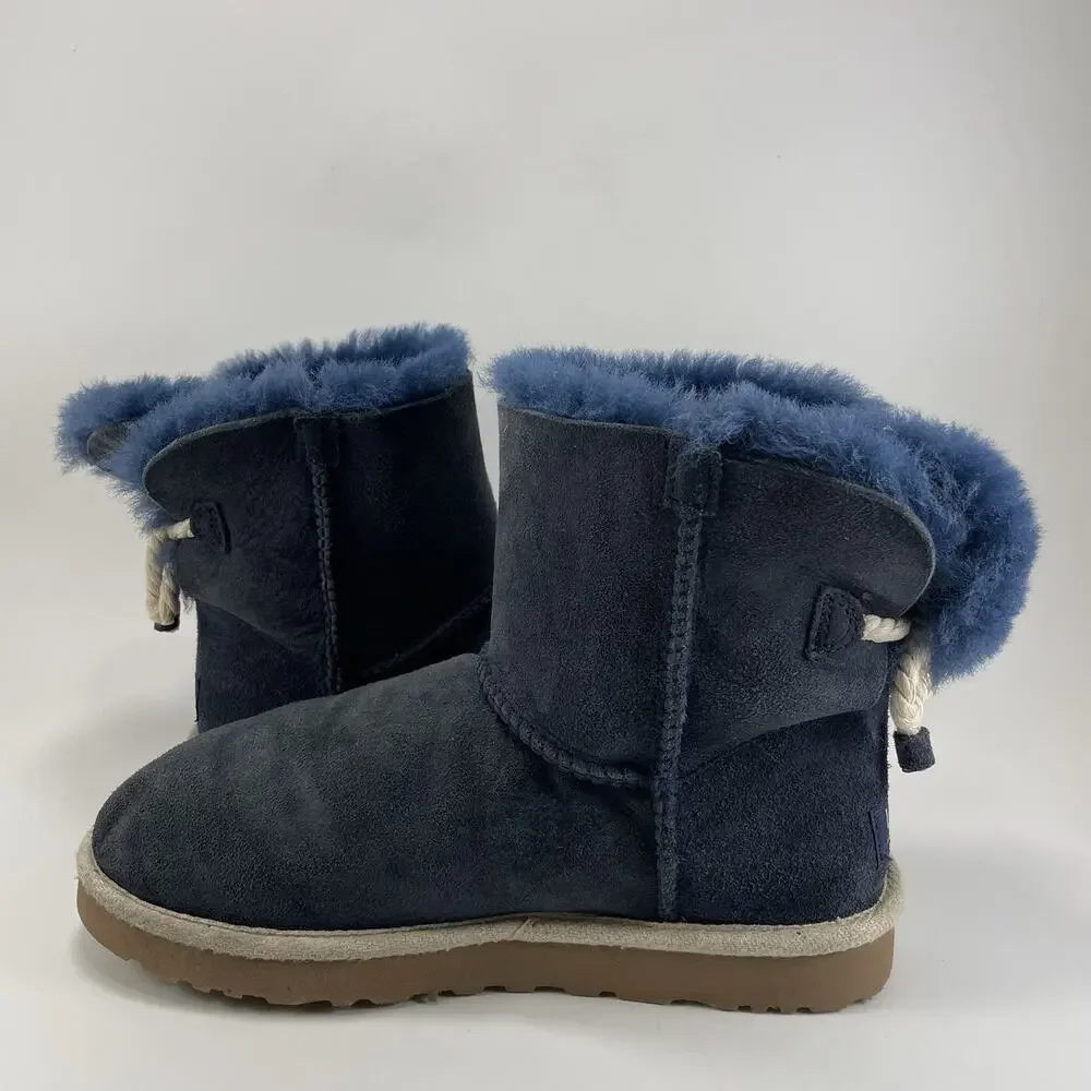UGG Selene Winter Boots Womens Size 7 Navy Blue Suede Nautical Rope Tie Back